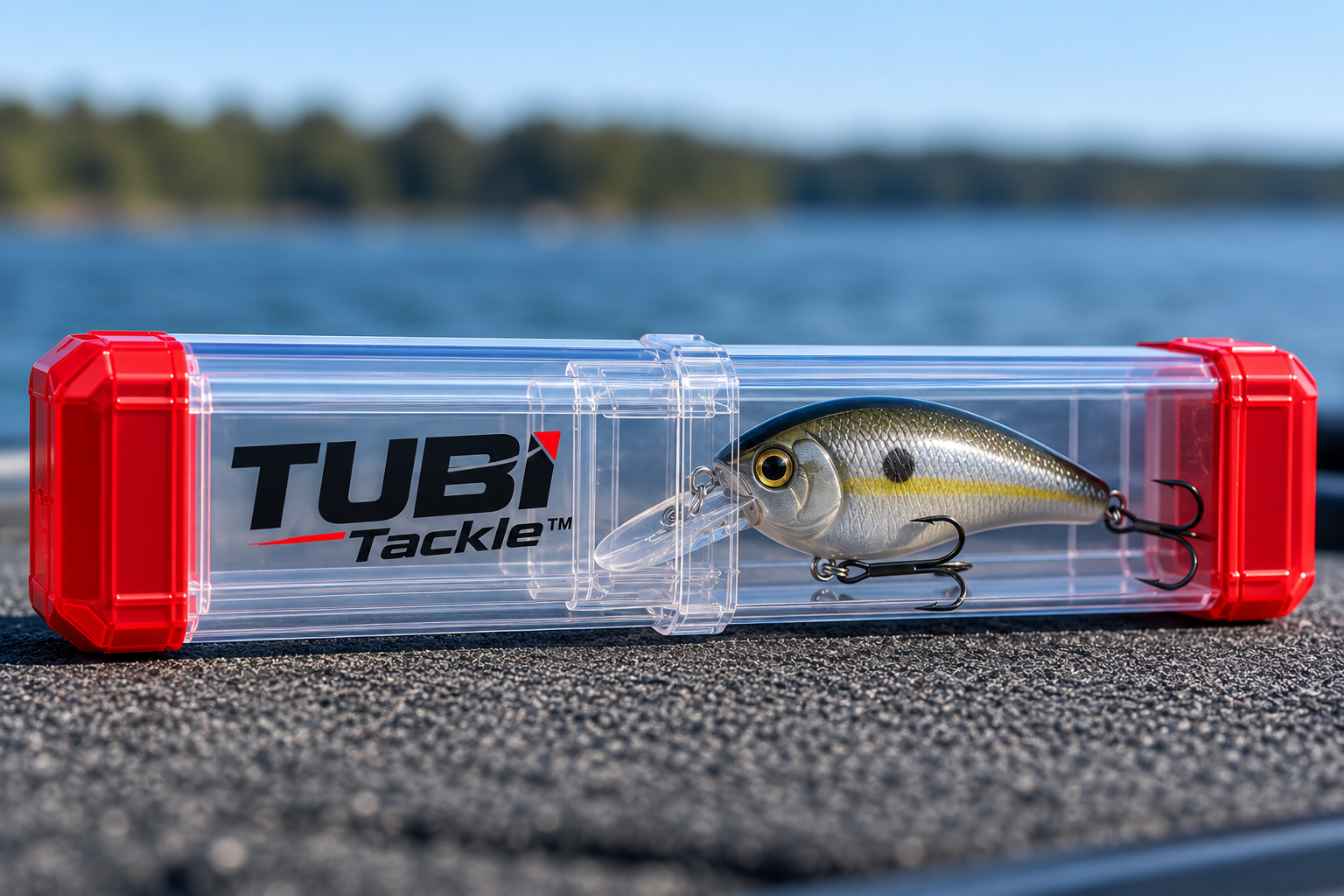 Transparent square TUBI tube with red end caps holding a crankbait, resting on a boat deck