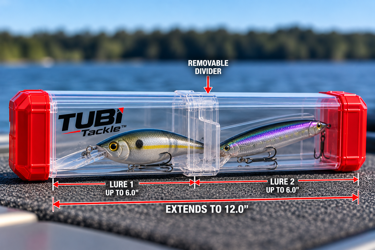 TUBI Duo: two lures in one tube, each up to 6.0 inches, tube extends to 12.0 inches, with a removable divider
