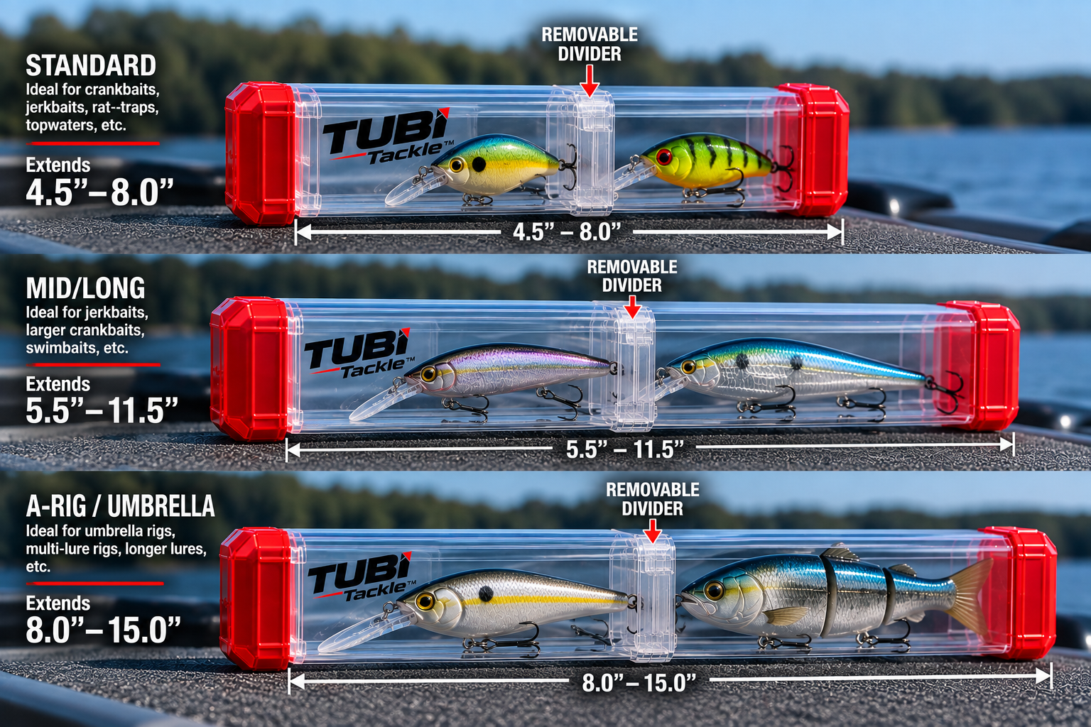 TUBI Block Pack range: Standard extends 4.5 to 8.0 inches, Mid/Long 5.5 to 11.5 inches, A-Rig/Umbrella 8.0 to 15.0 inches, each with a removable divider
